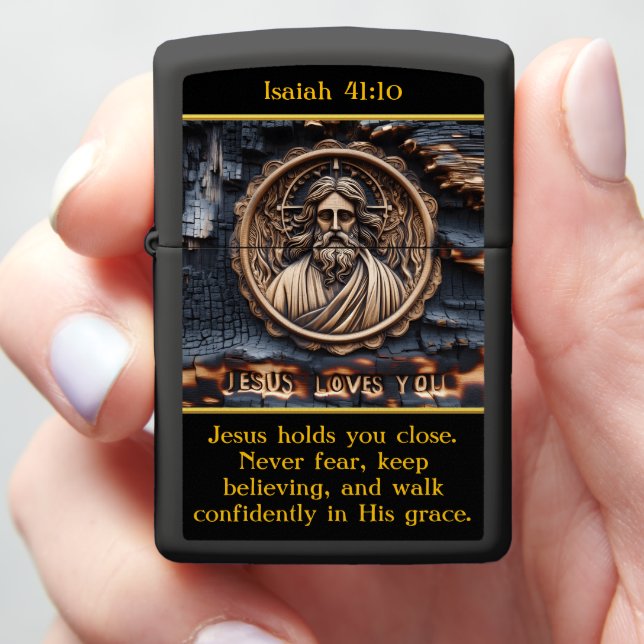 Isaiah 41:10 Carved Jesus in Burnt Wood Zippo Lighter (In Hand)