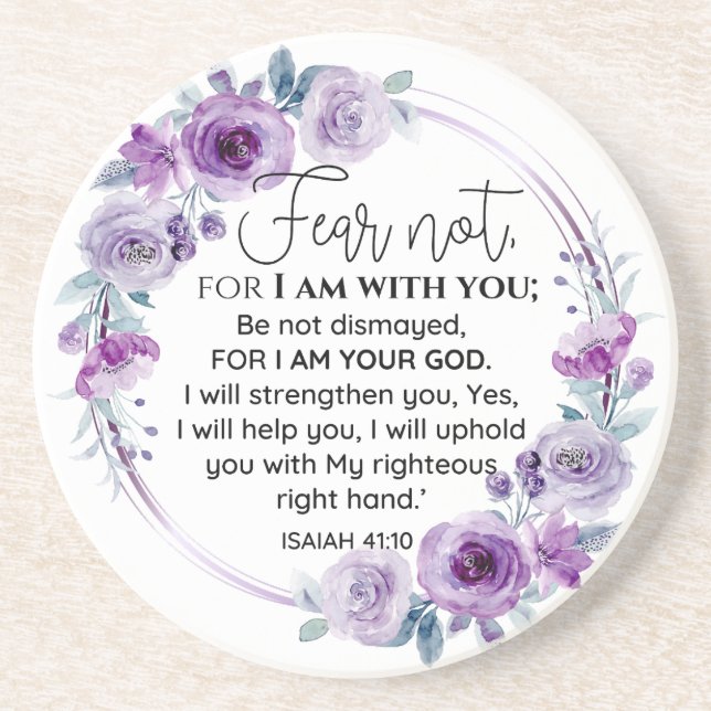 Isaiah 41:10 Fear not Purple Floral Scripture Coaster (Front)