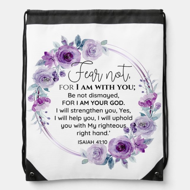 Isaiah 41:10 Fear not Purple Floral Scripture Drawstring Bag (Front)