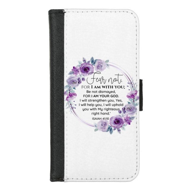 Isaiah 41:10 Fear not Purple Floral Scripture iPhone Wallet Case (Front)