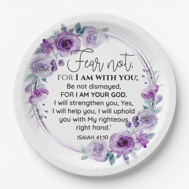 Isaiah 41:10 Fear not Purple Floral Scripture Paper Plates (Front)