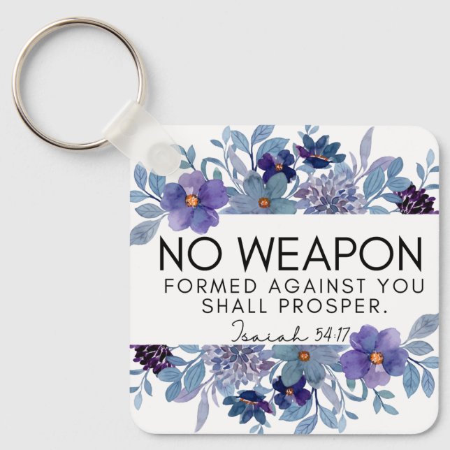 Isaiah 54:17 No Weapon Christian Purple Floral Keychain (Front)