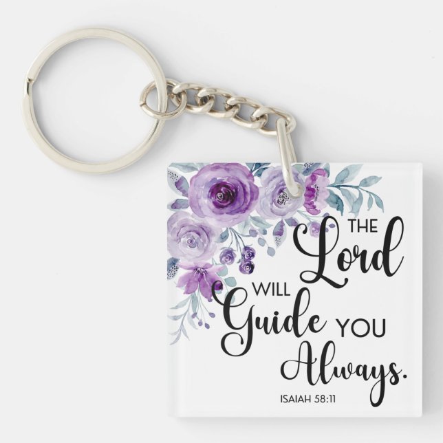 Isaiah 58:11 Purple Floral Christian Bible Verse Keychain (Front)