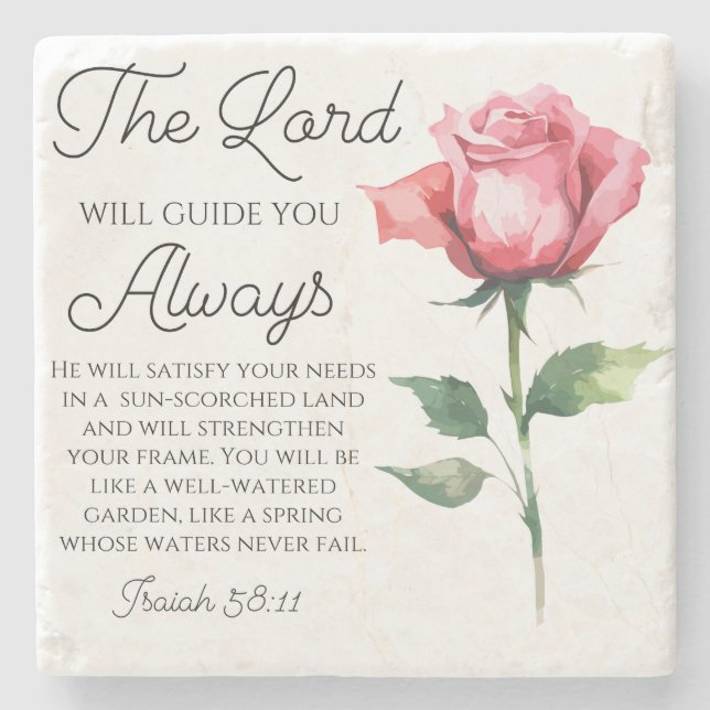 Isaiah 58:11 Single Rose Bible Scripture Stone Coaster (Front)