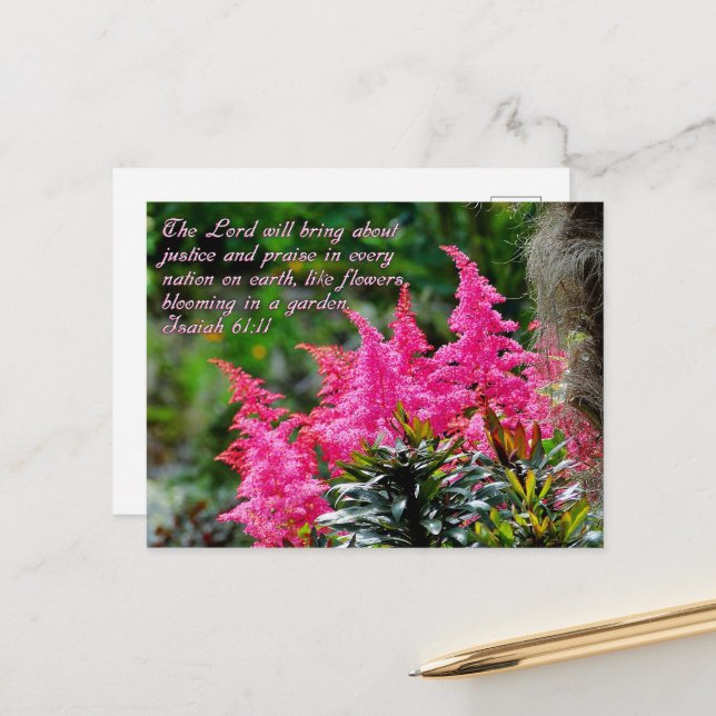 Isaiah 61:11 Pink Floral Inspirational Postcard (Front/Back In Situ)