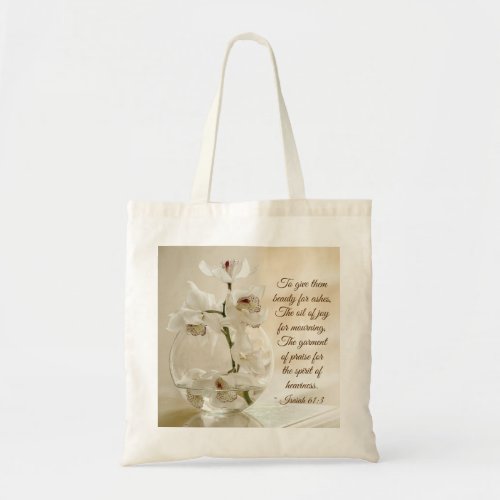 Isaiah 613 Beauty for Ashes Bible Verse Orchid Tote Bag