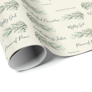 Isaiah 9:6 Christian Modern Script Pine Christmas Wrapping Paper