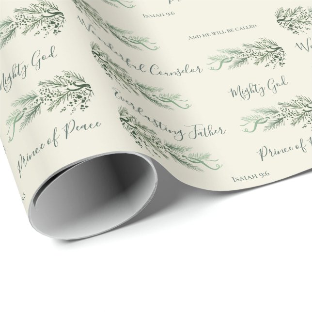 Isaiah 9:6 Christian Modern Script Pine Christmas Wrapping Paper (Roll Corner)