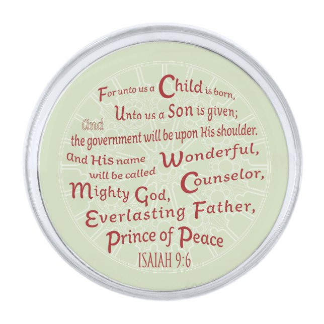 Isaiah 9:6 Christmas Bible Verse Silver Finish Lapel Pin (Front)