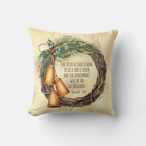 Isaiah 96 Christmas Scripture Vintage Gold Square Throw Pillow