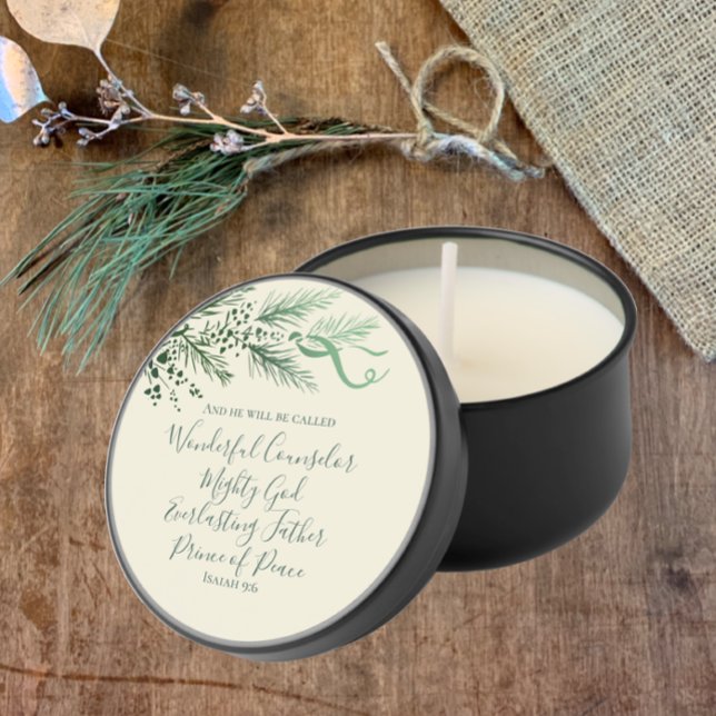 Isaiah 9:6 Elegant Unique Greenery Pine Christmas  Mini Candle Favors (Isaiah 9:6 Prince of Peace Christmas scripture small gift. Unique elegant greenery beautiful candle)