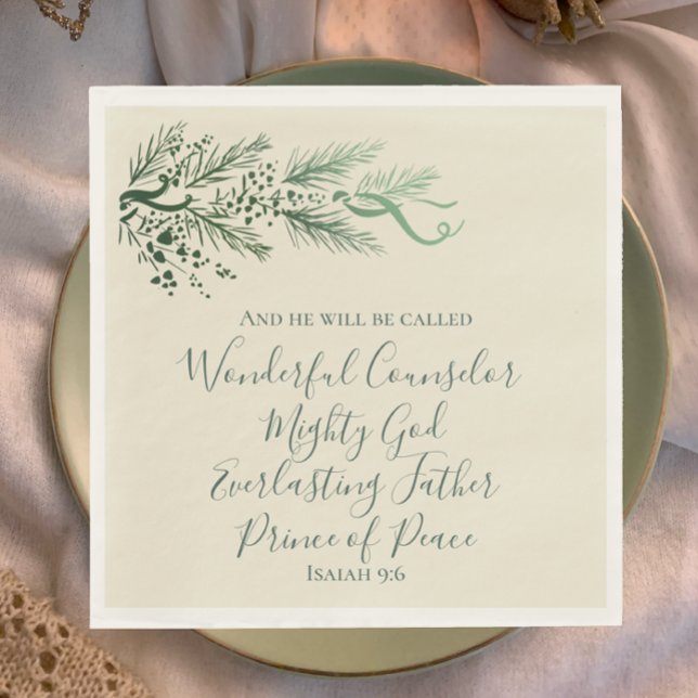 Isaiah 9:6 Elegant Unique Greenery Pine Christmas  Napkins (Isaiah 9:6 Christian scripture unique sage elegant script with pine greenery Christmas dinner napkin)