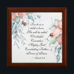 Isaiah 9:6 He will be called Wonderful...Christmas Gift Box<br><div class="desc">Beautiful inspirational quote Christmas Wooden Jewelry Keepsake Box depicts watercolor poinsettia bouquets and features a portion of Bible Verse Isaiah 9:6,  "For unto us a child is born. He will be called Wonderful,  Counselor,  Mighty God,  Everlasting Father,  Prince of Peace."</div>