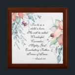 Isaiah 9:6 He will be called Wonderful...Christmas Gift Box<br><div class="desc">Beautiful inspirational quote Christmas Wooden Jewelry Keepsake Box depicts watercolor poinsettia bouquets and features a portion of Bible Verse Isaiah 9:6,  "For unto us a child is born. He will be called Wonderful,  Counselor,  Mighty God,  Everlasting Father,  Prince of Peace."</div>