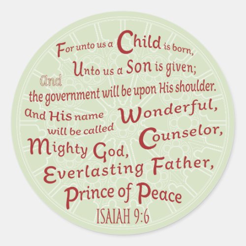 Isaiah 96 in Christmas Colors Classic Round Sticker