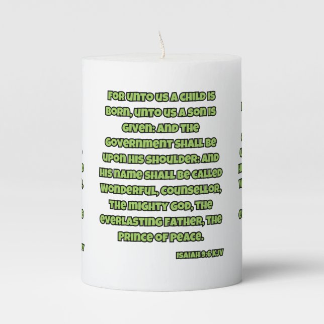 Isaiah 9:6 KJV Bible Scripture Pillar Candle (Front)