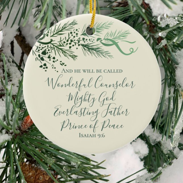Isaiah 9:6 Personalized Modern Pine Christmas Gift Ceramic Ornament (Personalize the back of this Christian Isaiah 9:6 Christmas gift: unique art modern faith keepsake.)