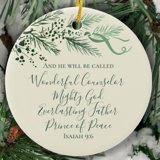 Isaiah 9:6 Personalized Modern Pine Christmas Gift Ceramic Ornament (Isaiah 9:6 Personalized Christian scripture Christmas ornament. Hand drawn pine, elegant custom gift)