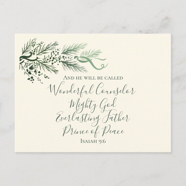 Isaiah 9:6 Prince of Peace Modern Pine Christmas Holiday Postcard (Front)