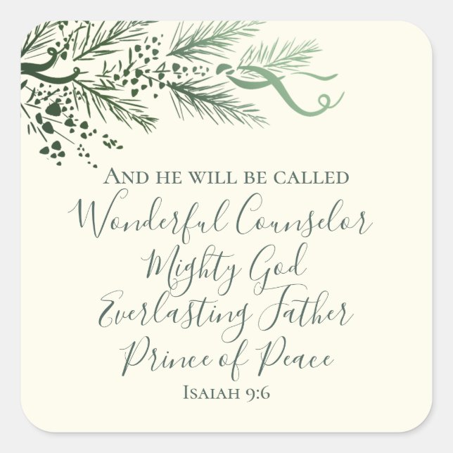 Isaiah 9:6 Prince of Peace Modern Pine Christmas Square Sticker (Front)