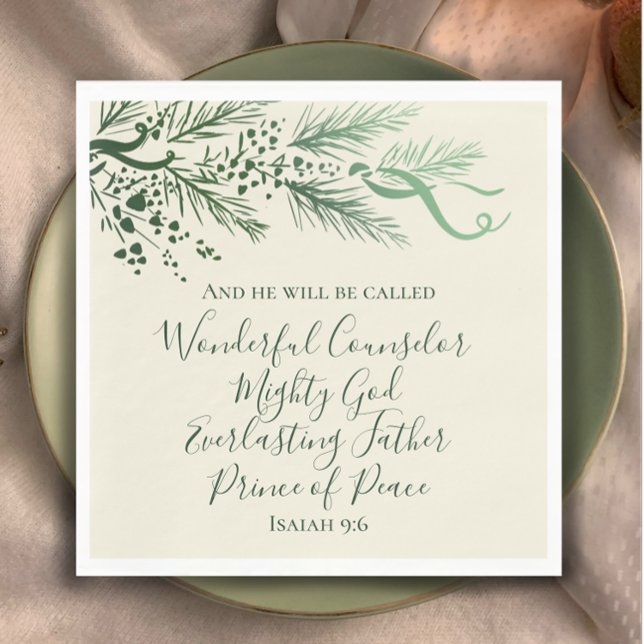 Isaiah 9:6 Scripture Custom Modern Pine Christmas Napkins (Add faith and elegance to your Christmas table with my hand drawn pine and bows. Isaiah 9:6 verse.
)
