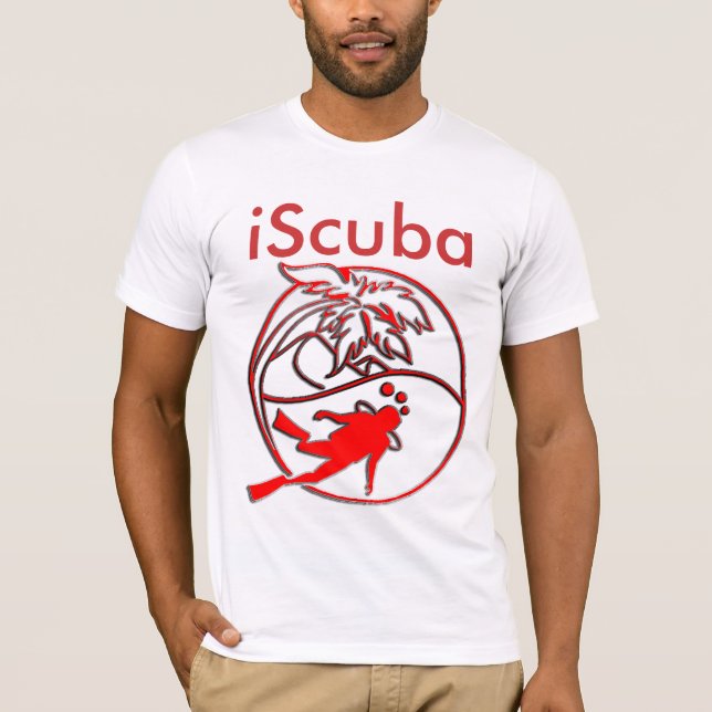 iScuba -Red Circle With Palm and Scuba Diver T-Shirt (Front)