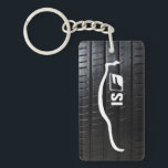 ISF with tire tread Keychain<br><div class="desc">Lexus IS-F White Brushstroke with tire tread background.</div>