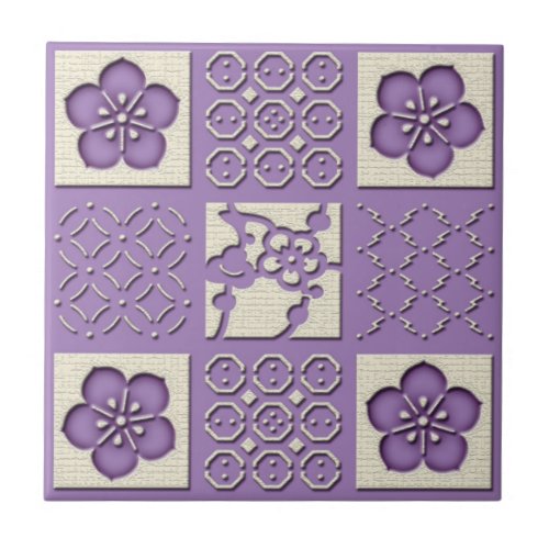 Ishidatami japanese checked pattern plum flowers 2 tile