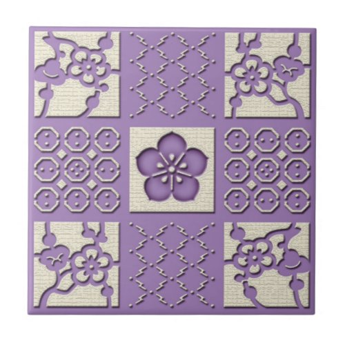 Ishidatami japanese checked pattern plum flowers ceramic tile