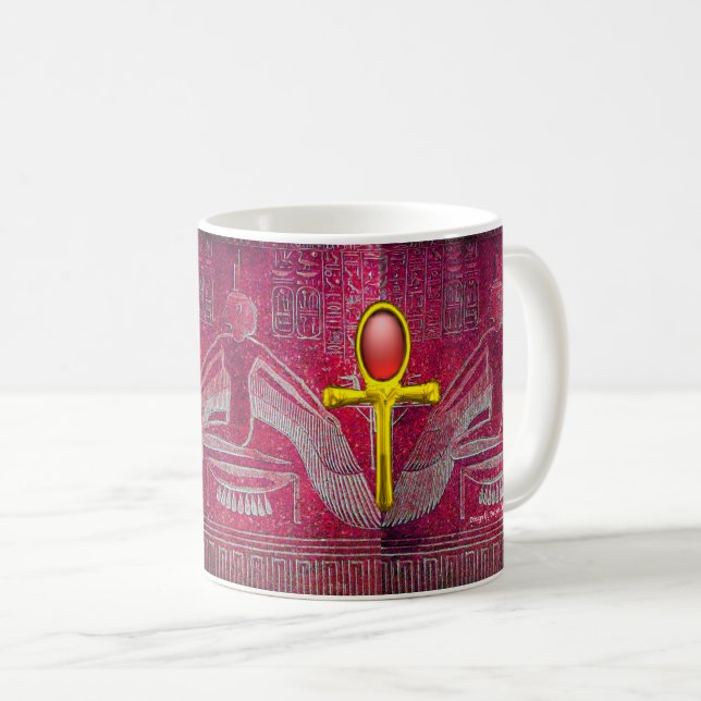 ISIS,GOLD ANKH WITH RED RUBY Egyptian Goddess Pink Coffee Mug (Front Right)