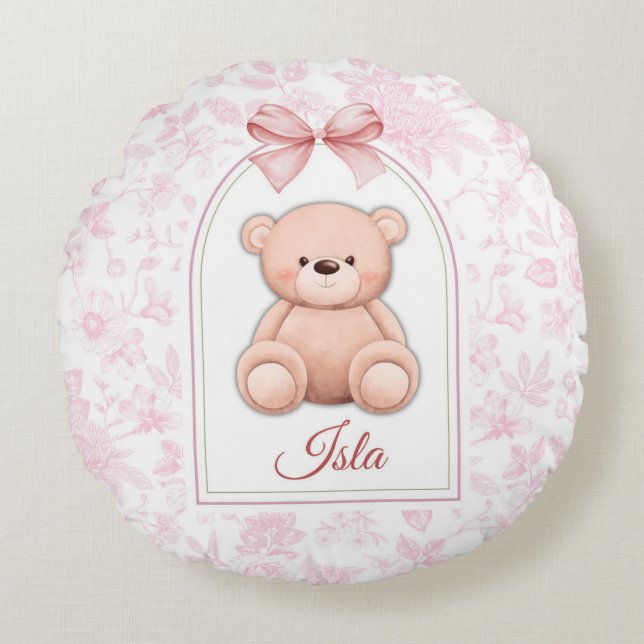 Isla | Custom Pink Teddy Bear Nursery Design  Round Pillow (Front)