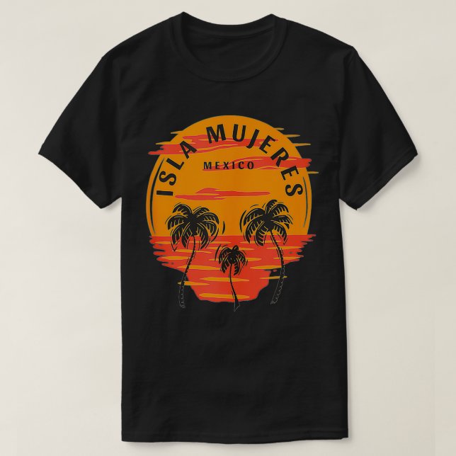 Isla Mujeres Mexico Palm Trees Sunset Skull Beach  T-Shirt (Design Front)