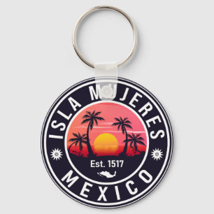 Isla Mujeres Mexico Retro Sunset Souvenirs Palm Keychain