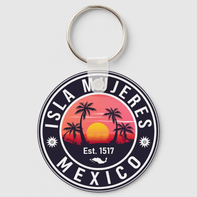 Isla Mujeres Mexico Retro Sunset Souvenirs Palm Keychain (Front)