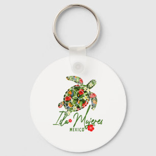 Isla Mujeres Mexico Sea Turtle Tropical Hibiscus V Keychain