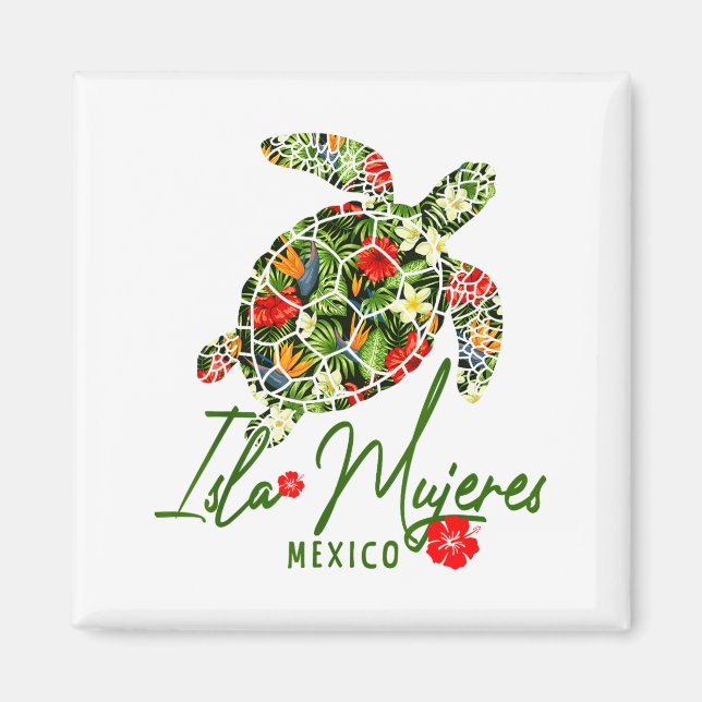 Isla Mujeres Mexico Sea Turtle Tropical Hibiscus V Magnet (Front)