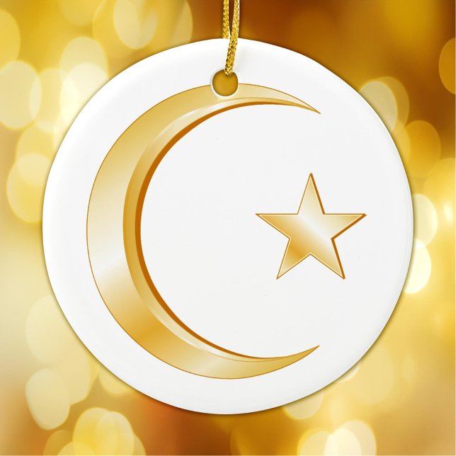 Islam, Gold Symbol Ceramic Ornament (Crescent moon and star, symbol of Islam. Customize with your own text or message.)