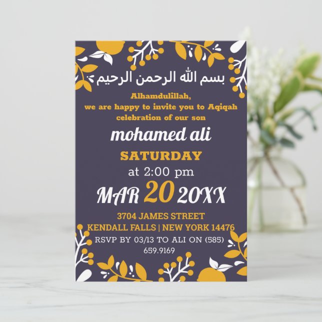 Islamic Aqiqah baby invitation with floral theme  (Standing Front)
