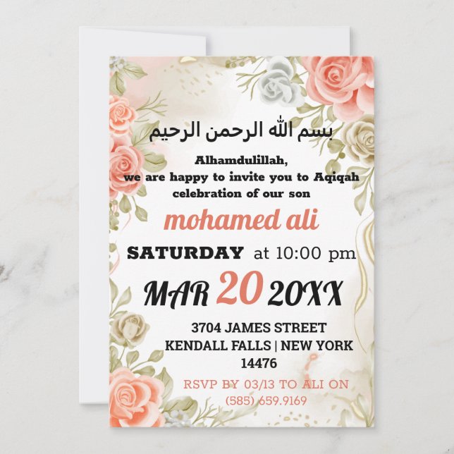 Islamic Aqiqah baby invitation with floral theme  (Front)