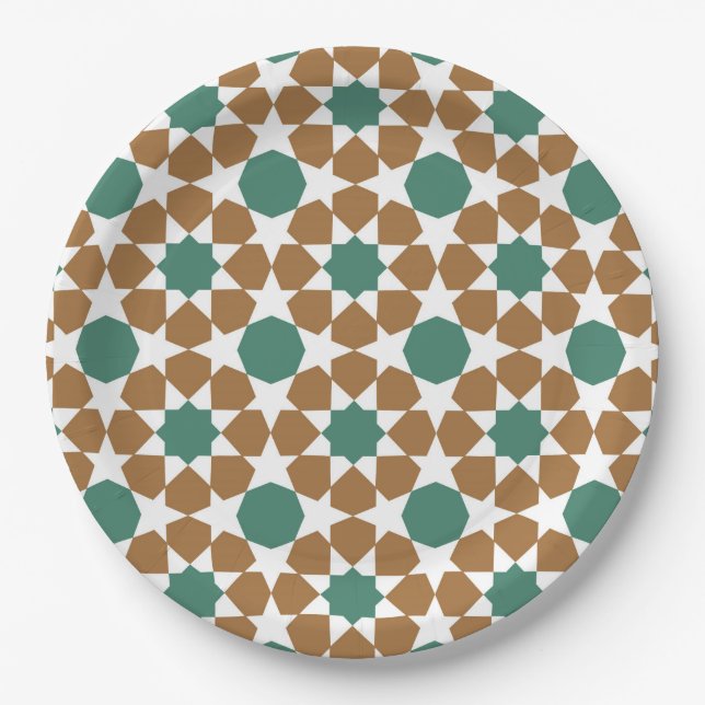 Islamic Arabic Geometric Blue Brown Motif Pattern Paper Plates (Front)