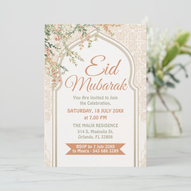 Islamic Arch Floral Eid Mubarak Invitation (Standing Front)