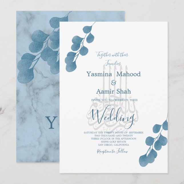 Islamic Bismillah Blue Eucalyptus Modern Wedding Invitation (Front/Back)