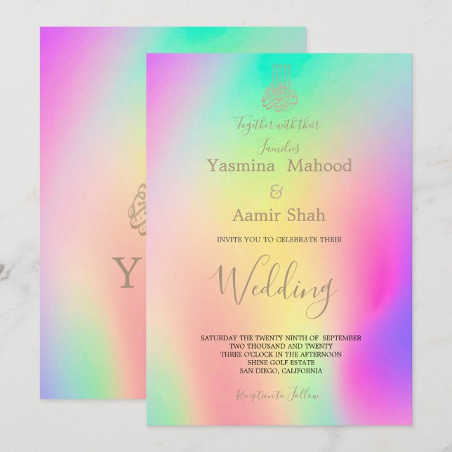 Islamic Bismillah Colorful Chic Modern Wedding  Invitation (Front/Back)
