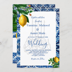 Islamic Bismillah Lemons Blue White Tile Monogram Invitation