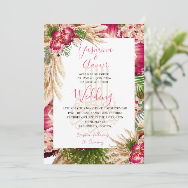 Islamic Bismillah Pampas Protea Floral Wedding  Invitation (Standing Front)