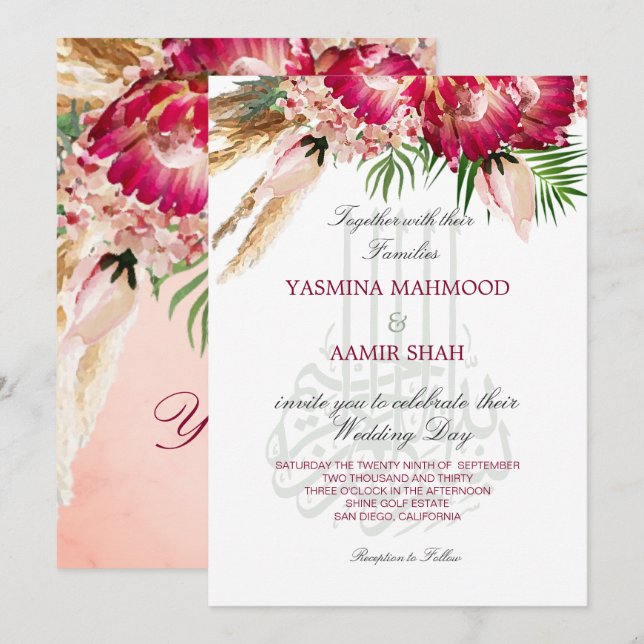 Islamic Bismillah Pampas Protea Floral  Wedding  Invitation (Front/Back)