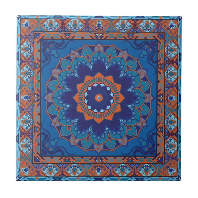 Islamic Blue And Orange Pattern Ceramic Tile (Front)
