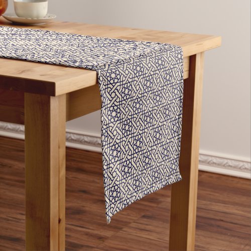 Islamic Blue Beige Moroccan Geometric Pattern Short Table Runner