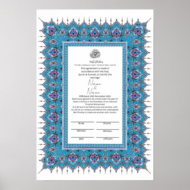 Islamic Blue border patterns Nikkah certificate  Poster (Front)