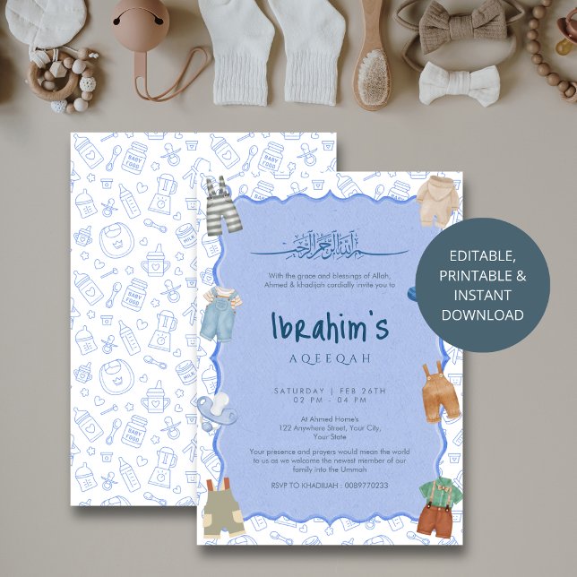 Islamic Blue Watercolor Baby Boy Aqiqah Invitation (Creator Uploaded)